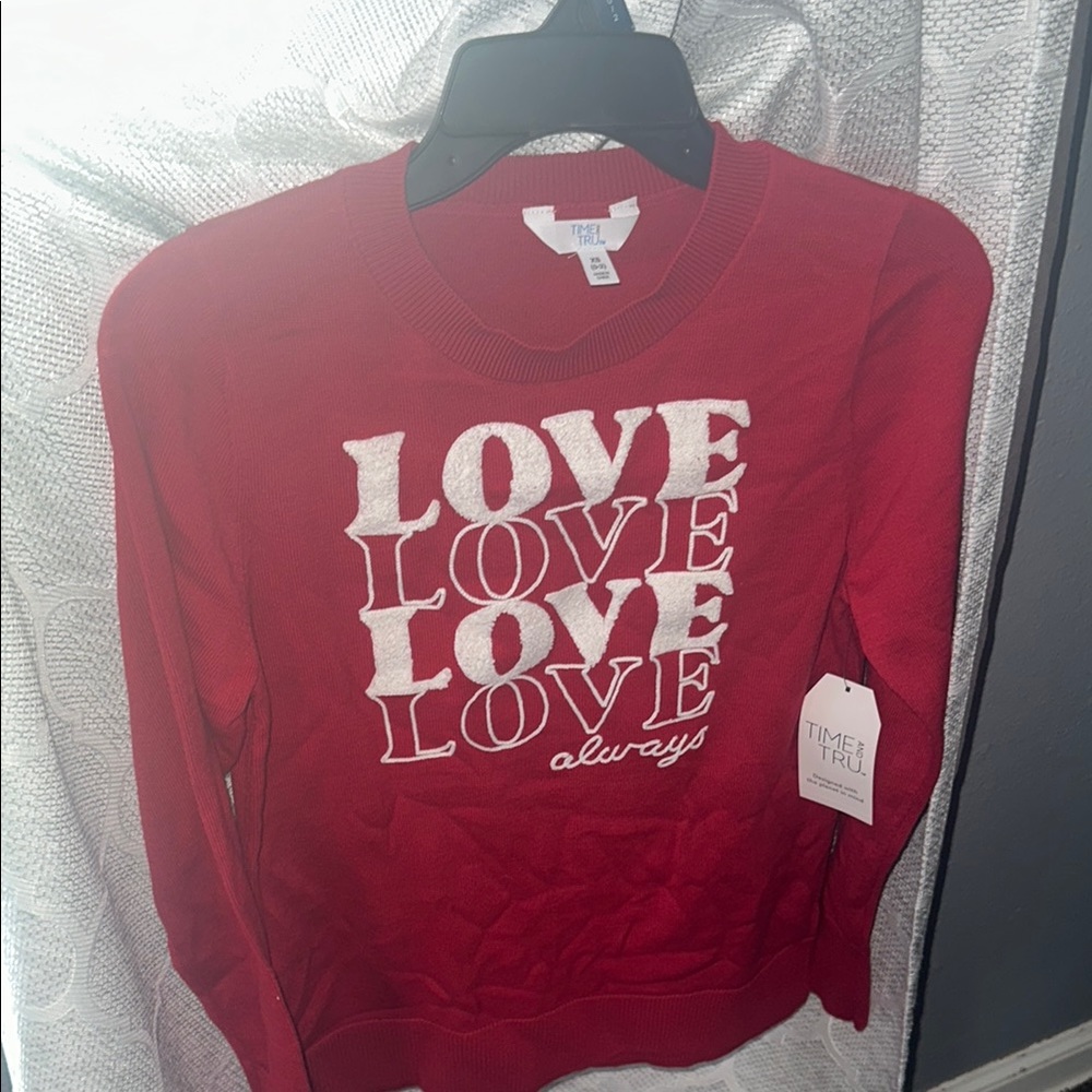 Time and Tru Red Sweater with Love Design